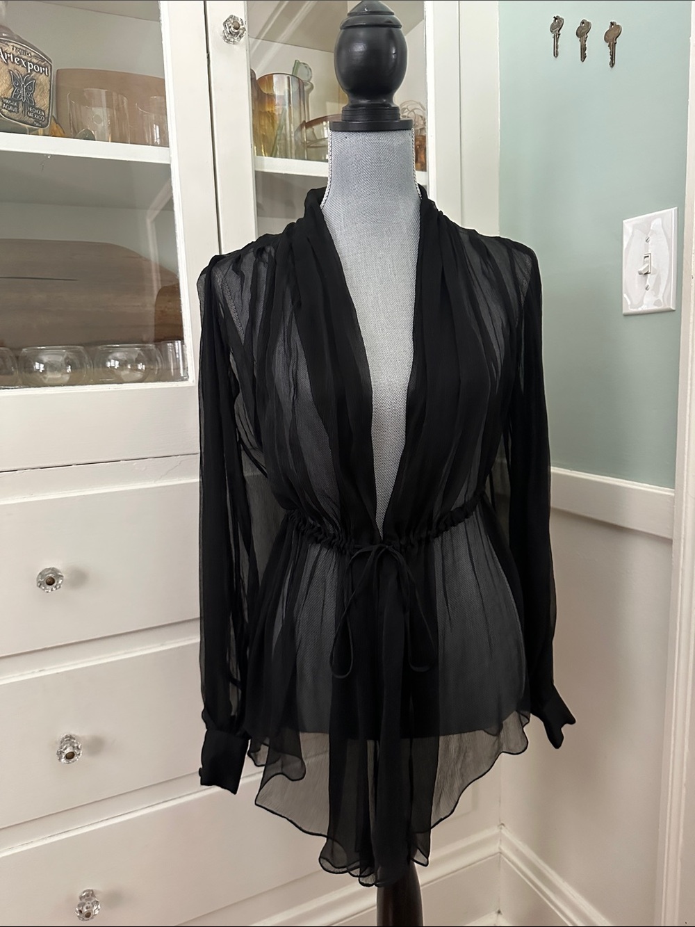 Bill Blass New York Coal Crinkle Chiffon Sheer Black Wrap Long Sleeve Blouse 2